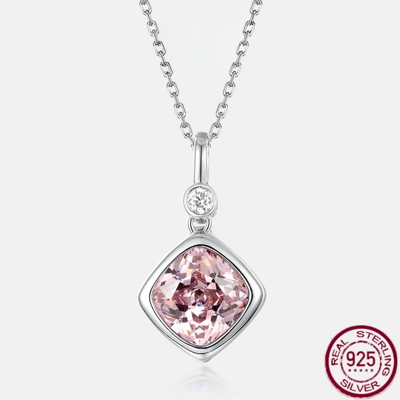 

New S925 Pure Silver Square Color Zirconia Necklace Light Luxury Simple European and American Versatile Wedding Jewelry