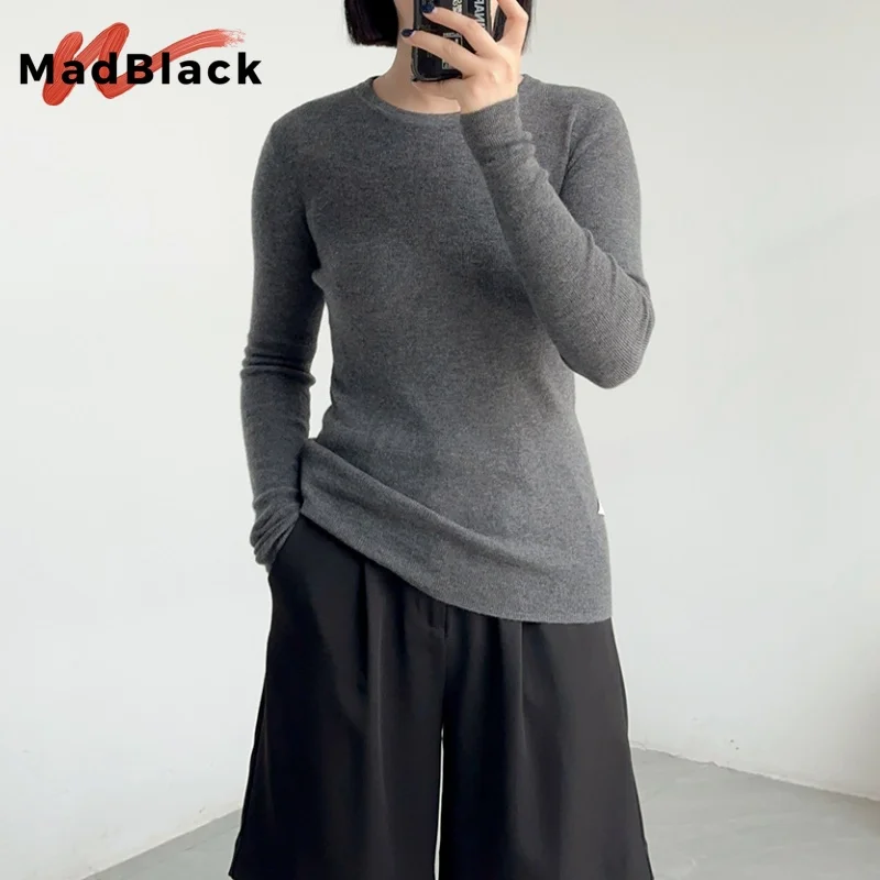 

Madblack,100%Pure Wool Elegant Thin Sweater, Women O Neck Long Sleeve, Basics Bottom Knit Tops, 2025 Winter Autumn New T5N906JF