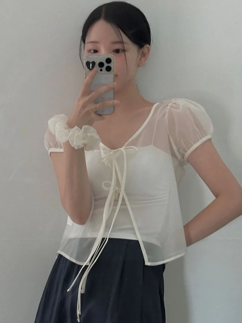 

Легкий женский кардиган ort Sve Bubble Sve Sweet Tied Dongda Gate INS Летний свитер с v-образным вырезом Pure Color Com...