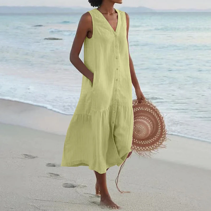 Summer Loose Casual Patchwork Cotton Linen Pocktes Dress V Neck Beach Style Dress Sleeveless Vintage Club Midi Solid Women Dress