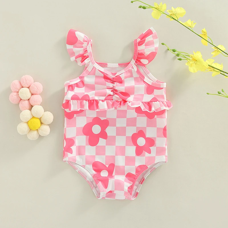 Baby Girls Swimsuit Bodysuits Infant Floral Print Plaid Long Sleeve Rush Guard Bikini Zipper Front Swimwear Bathing Suit