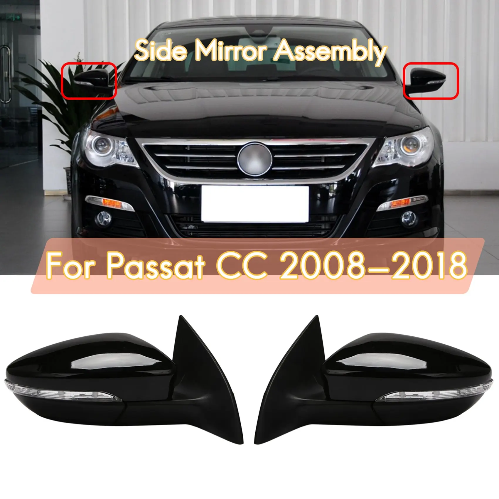 Right Side Rear View Mirror Assembly Power Heated Folding Turn Signal 9 Wires for Passat CC 2008-2018 RH Black