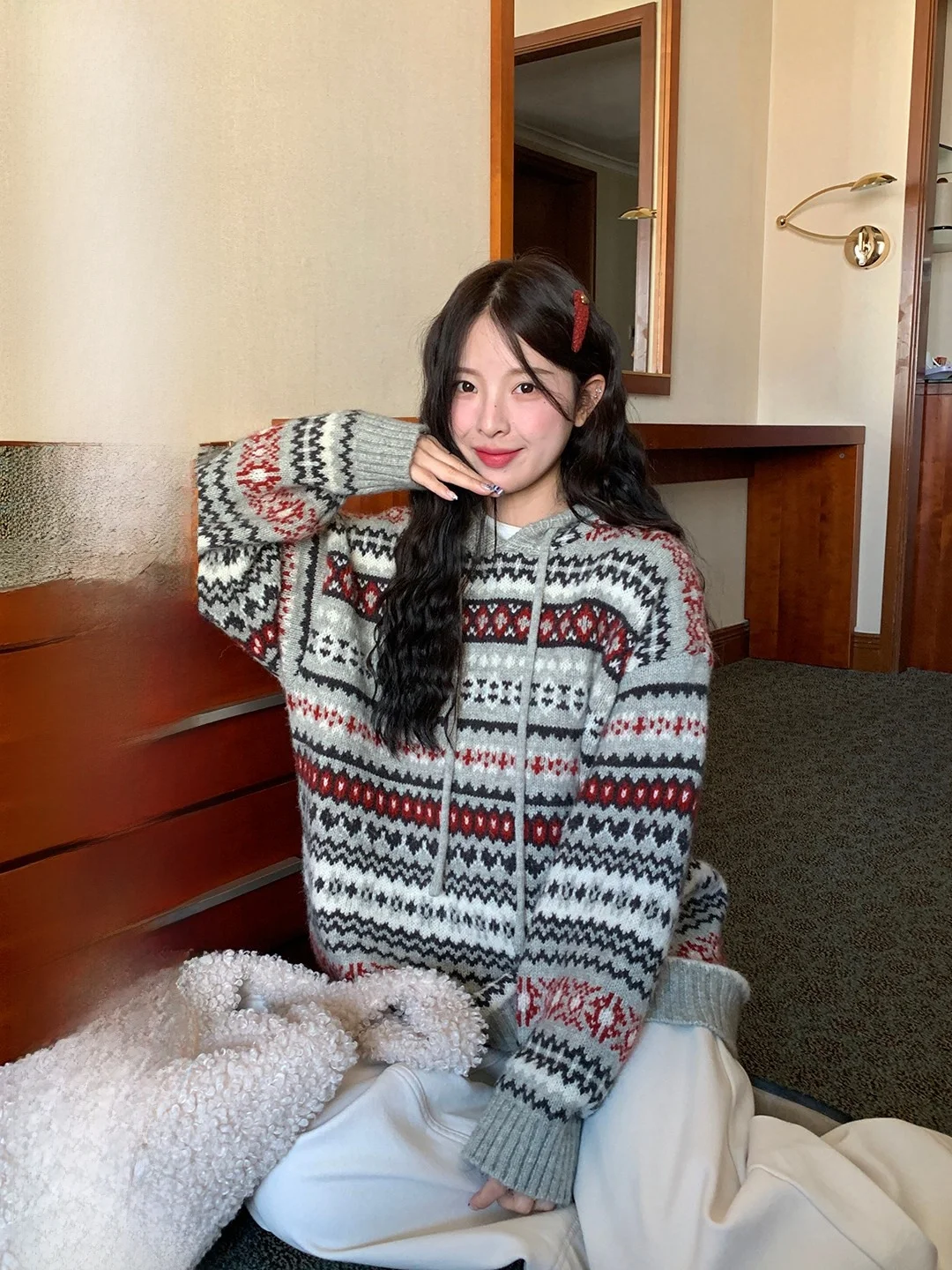 

Lixiaotuan этнический свитер с капюшоном в стиле ретро, женский повседневный ленивый топ, зимний новый корейский системный свободный крой, длинный вязаный све