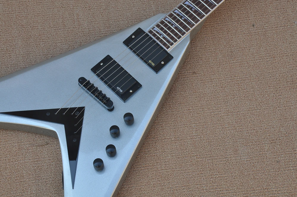 Silver 6 Strings V Electric Guitar with Rosewood Fretboard,Strings Through Body