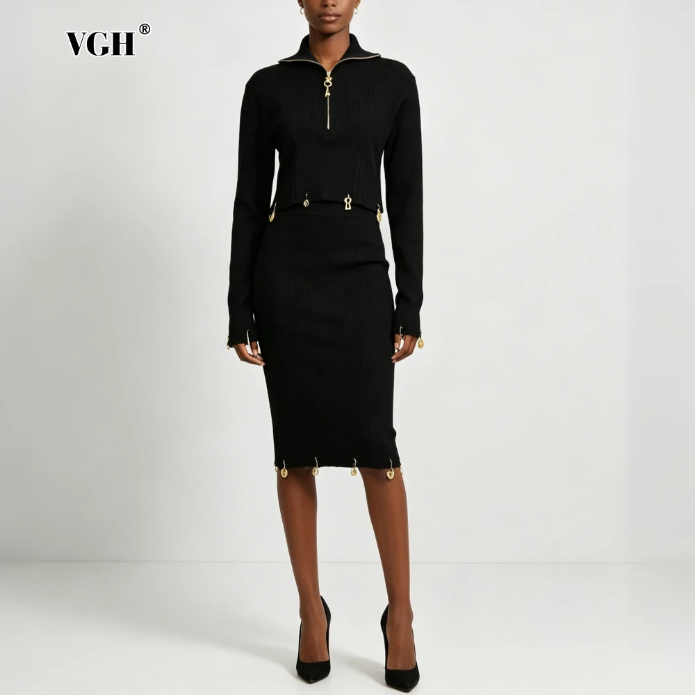 VGH Luxuriöses Strick-Set mit Metalldekor für Damen: Langärmliges Oberteil mit Revers und Midi-Bleistiftrock – Alltags- und Pendler-Outfits im Sommer-Stil – Neu
