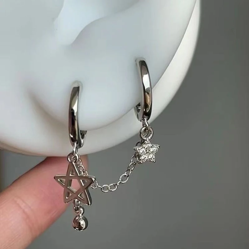 ★▲1PCS Silver Color Star Chain Double Ear Hole Ear Bone Nail Y2K Fashion Hottie Earrings For Women Jewelry