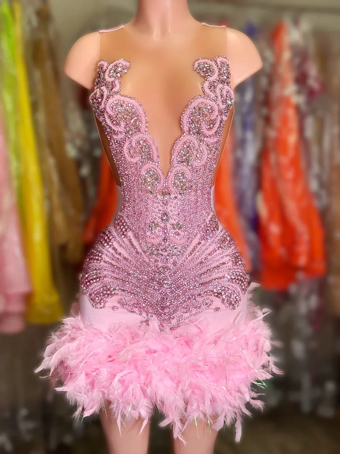 Pink Luxury Short Prom Dresses For Black Girls Crystals Women Birthday Party Dresses African Evening Gown Robe De Customized