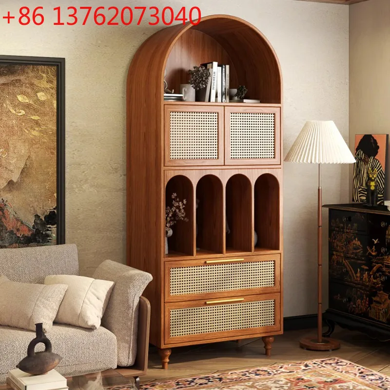 

2026 French retro solid wood bookcase, antique style wall rattan door locker in living room