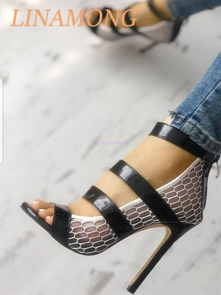 بو شبكة عالية الكعب المألوف متعدد حزام مشبك الربط وسحاب تصميم أبيض وأسود اللون مطابقة الصنادل الطرف #2