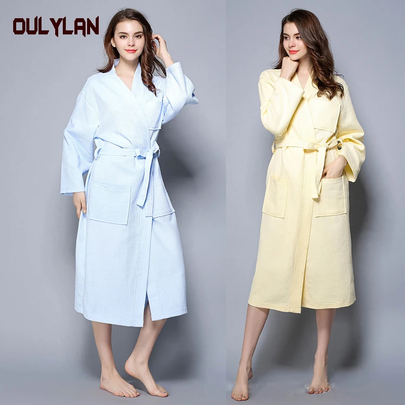 Men and women's spring and summer cotton waffle style couple bathrobe pure cotton nightgown beauty salon bathrobe