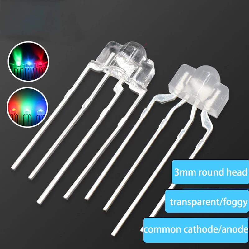 F3 3mm Keyboard Diode pemancar cahaya berkabut transparan LED RGB 4 Pin merah hijau biru umum anoda In-line manik-manik pencahayaan