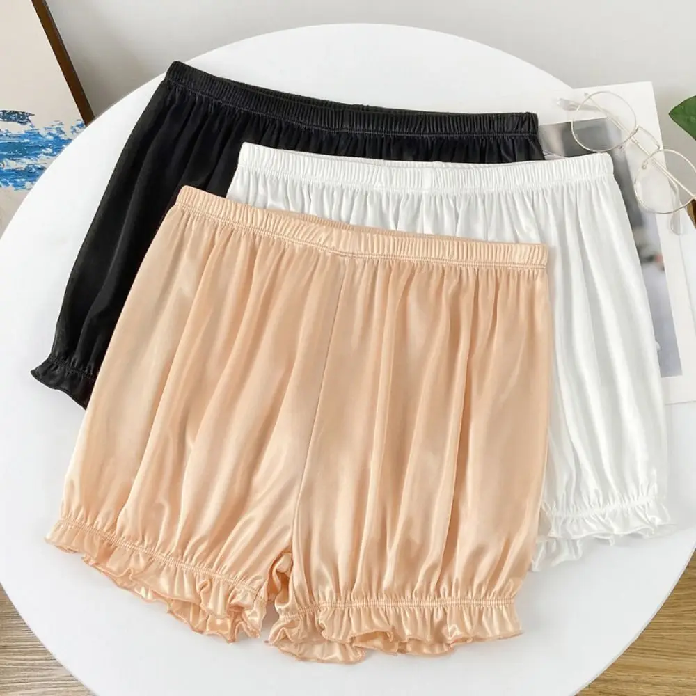 

Comfortable Seamless Safety Pants Anti-exposure Panties Short Pants Stretchy Satin Dress Shorts Solid Color Boxer Shorts Ruffled