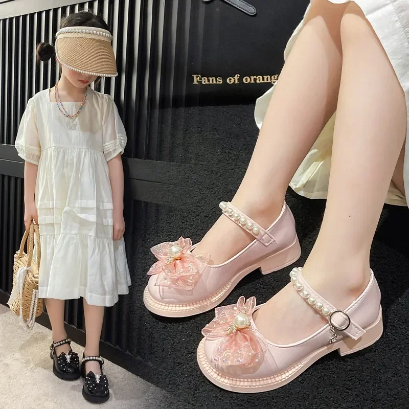 Girls Mary Jane Shoes Children Lace Pearls Princess Shoes with Bow-knot Kids Leather Shoes for Party Wedding Elegant Non-slip