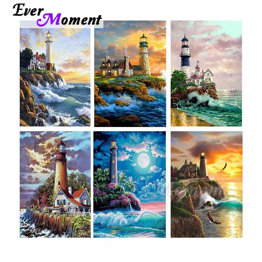 Ever Moment Diamond Painting Lighthouse Landscape Resin Full Square Embroidery Mosaic Drill Handmade Living Decoration S2F2551