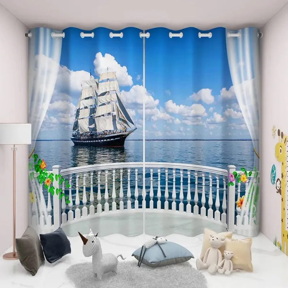 2 Panels Beach Seagulls Sailboat Seascape Printed Curtains Simple Modern Curtain For Living Room Bedroom Kitchen Bathroom Window