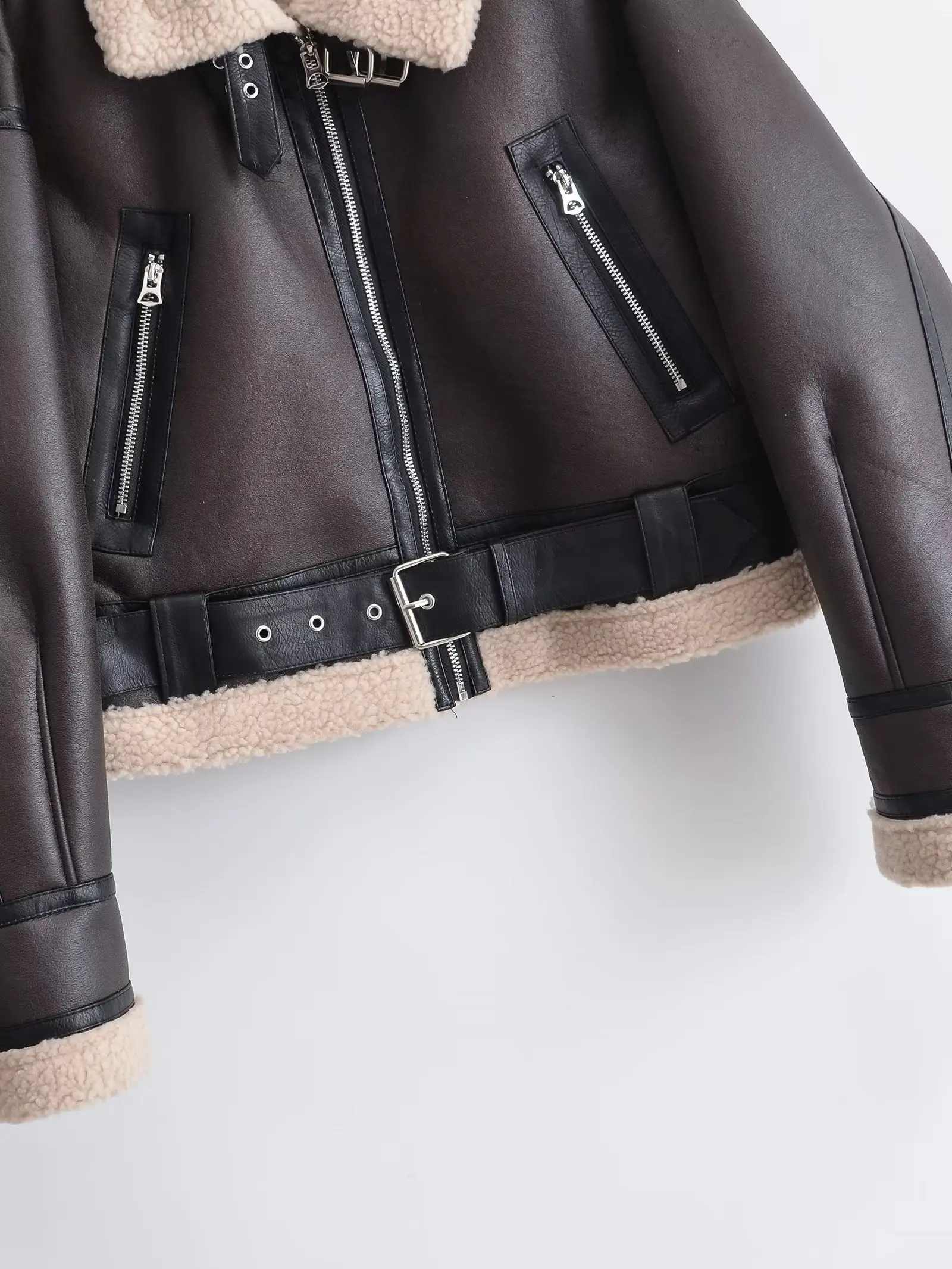 Chaqueta corta de piel de oveja sintética para mujer, abrigo grueso y cálido con cinturón para motociclista, ropa de calle de invierno