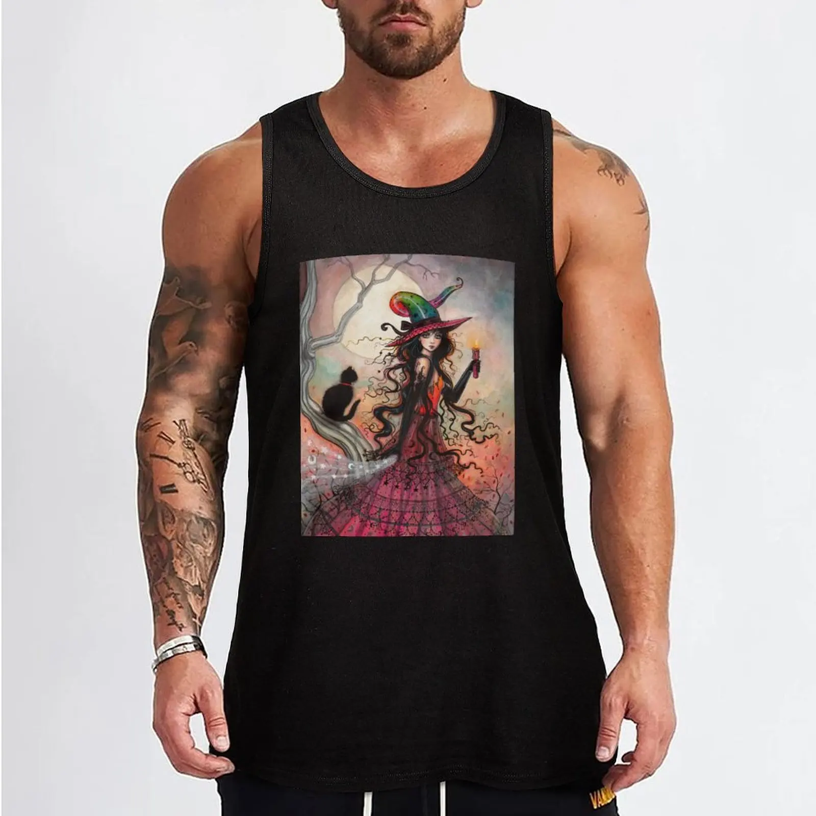 October Flame Witch Cat Halloween Fantasy Art Tank Top sleeveless shirt man gym shirt men