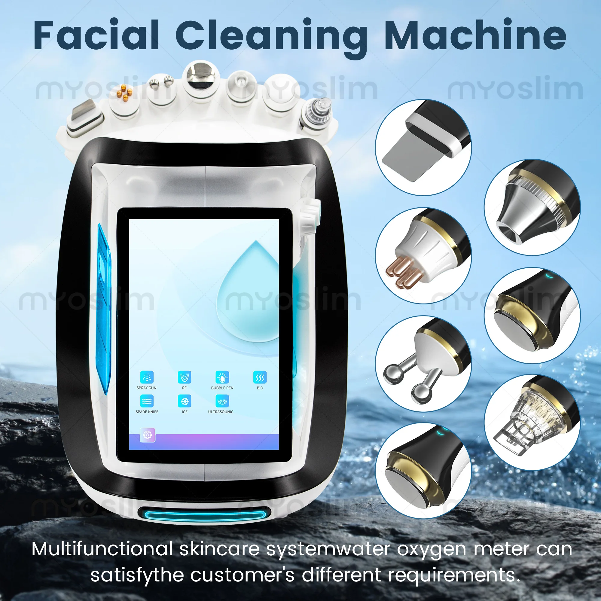 Smart Ice Blue 7-in-1 Hydra-Dermabrasions-Gesichtsbehandlungsgerät mit 10,1-Zoll-Touchscreen, RF-Ultraschall-Spray, Eis-Bio-Hautpflegegeräte Pro