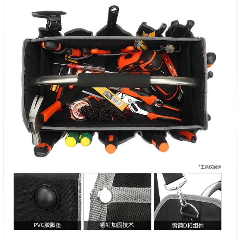 1680D Oxford Cloth Multifunctional Tool Bag with Iron Frame, Large‑Capacity Electrician Woodworking Handbag for Tool Storage