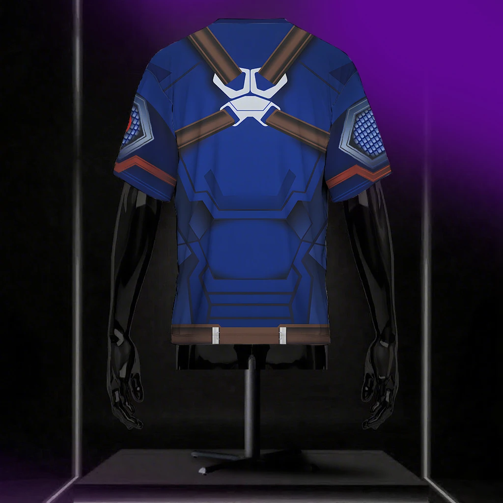 Marvel Superhero Captain America Five Pointed Star Print Blue Red And White Tri Color Halloween Cosplay Round Neck T-Shirt