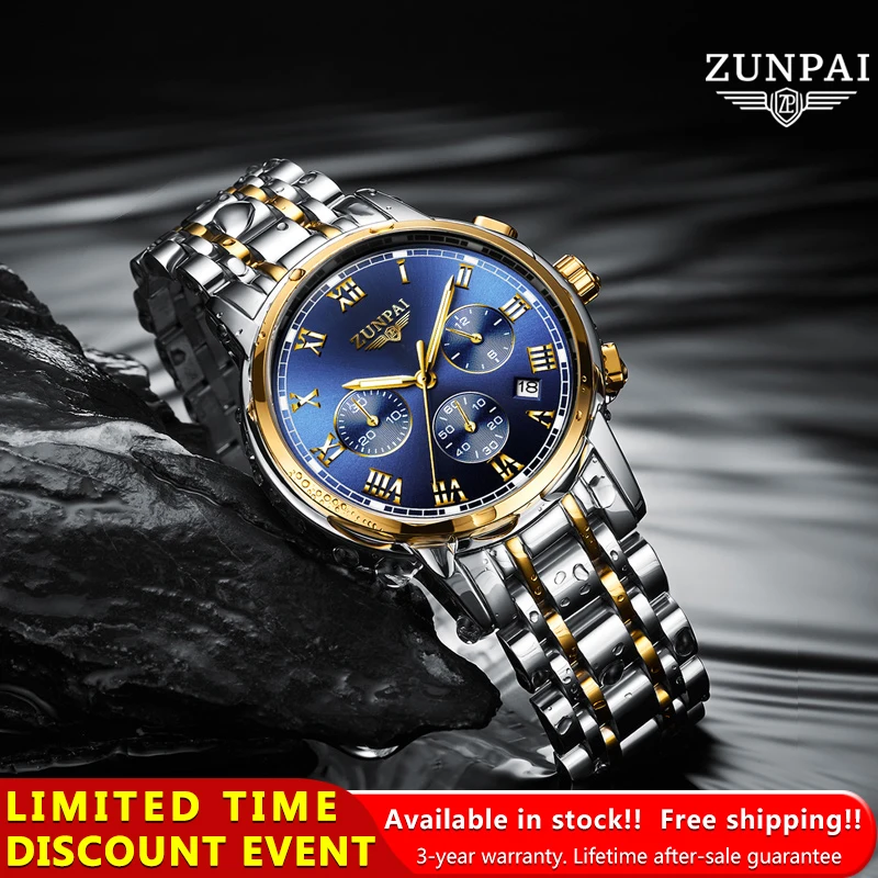 ZUNPAI Original Watch for Men's Waterproof Stainless Steel Quartz Analog Multifunction Chronograph Fashion Business Wristwatch