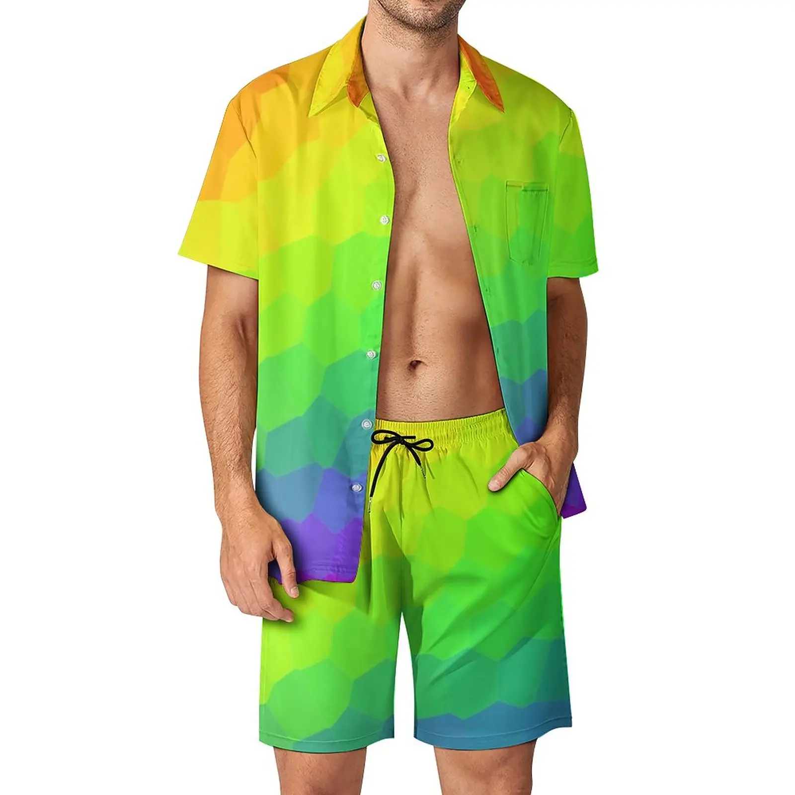 Ombre Print Men Sets Neon Orange Pink Casual Shorts Vacation Hawaiian Shirt Set Summer Hawaii Design Suit Short Sleeve Clothing