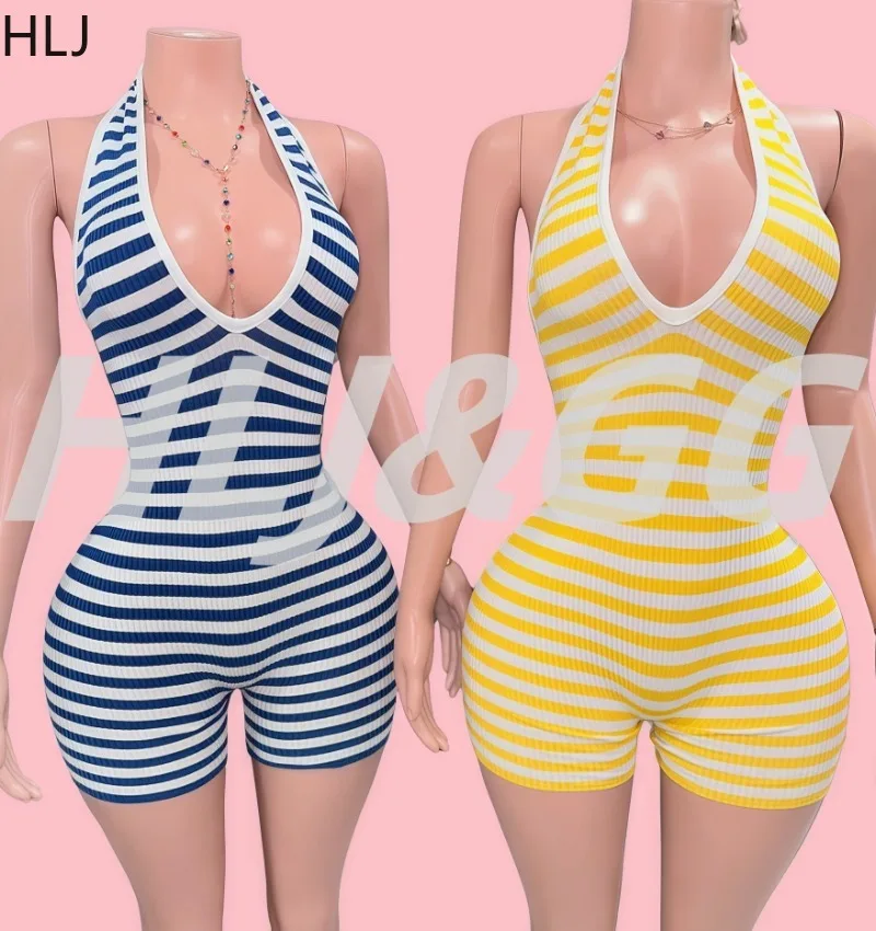 

HLJ&GG Sexy Blue Striped Patchwork Bodycon Romper Women Halter Deep V-neck Sleeveless Backless Jumpsuit Female Y2K Streetwear