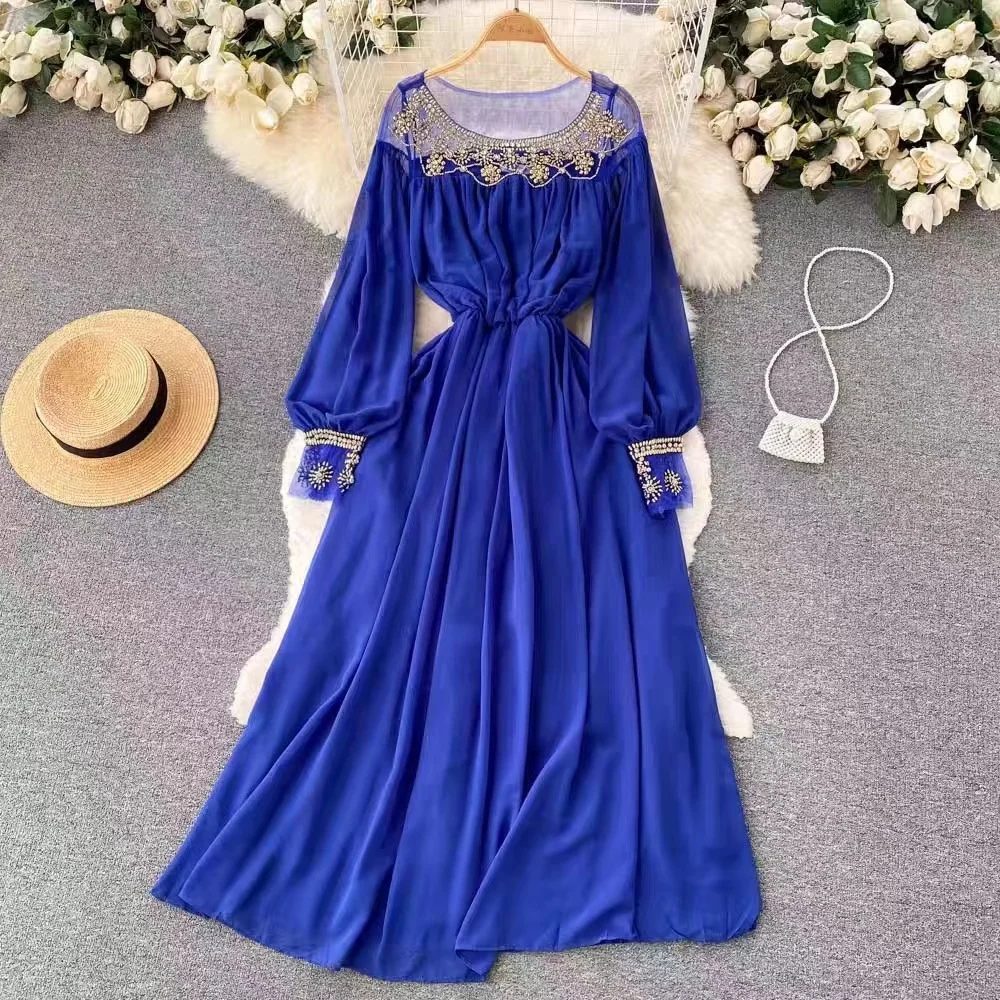 

Luxury Runway Designer Women's Party Dress Elegant Summer Autumn White Chiffon Metal Beading Rivet Lantern Sleeve Long Vestidos