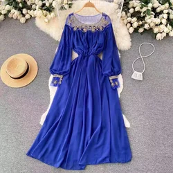 Luxury Runway Designer Women's Party Dress Elegant Summer Autumn White Chiffon Metal Beading Rivet Lantern Sleeve Long Vestidos