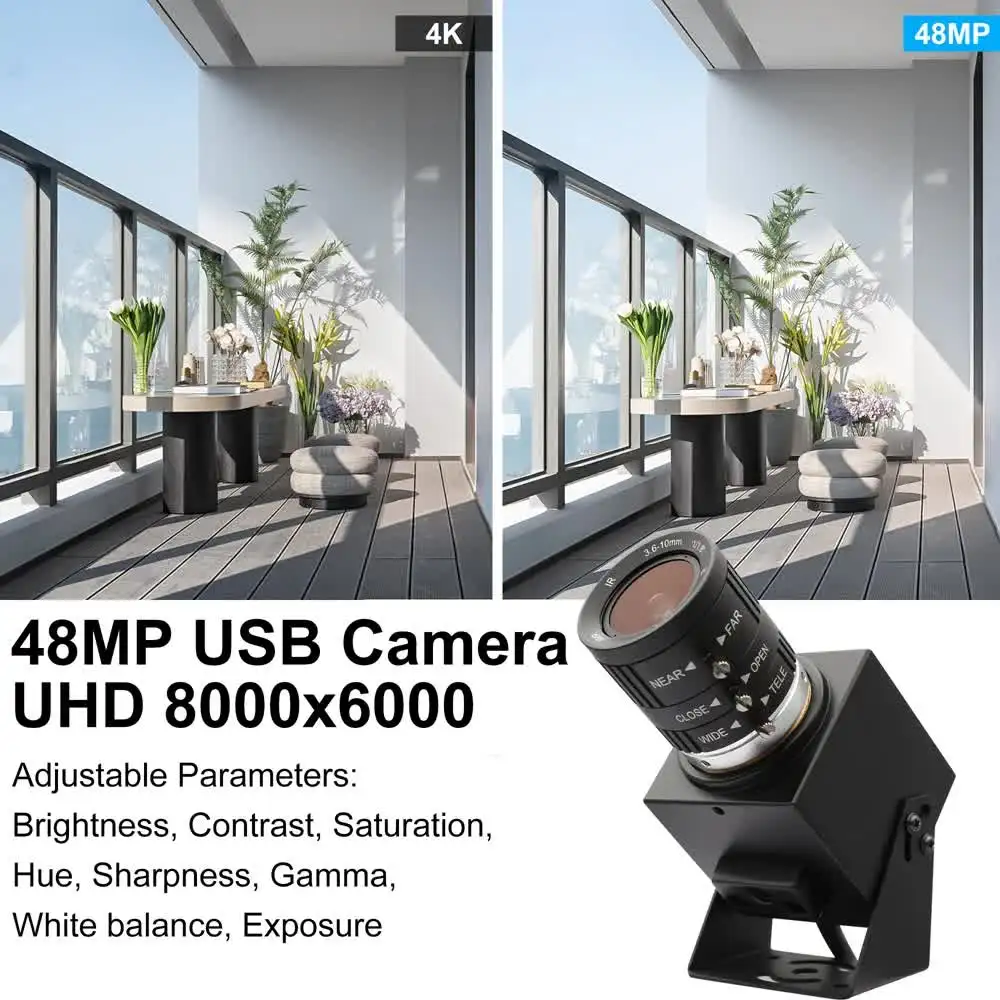 ELP 48MP Zoom USB Camera 3X 3.6-10mm Varifocal Lens CMOS IMX586 Free Driver Industrial 4K 30fps USB2.0 UVC PC Webcam Camera