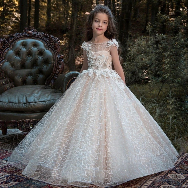 Champagne Flower Girl Dresses Corrugation Skirt Appliques Sleeveless For Wedding Birthday Party Banquet Princess Gowns