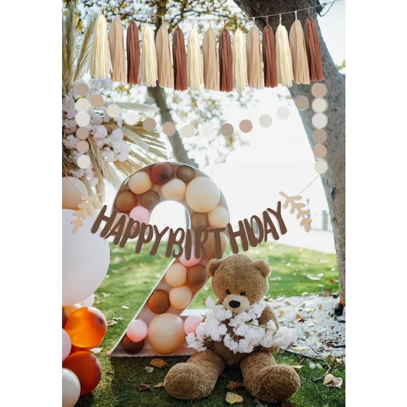 Braune, neutrale Happy Birthday-Banner mit grünen Blattdekorationen, beige Boho-Papierquasten, Kreisgirlande zum Aufhängen von Luftschlangen – Detail 6