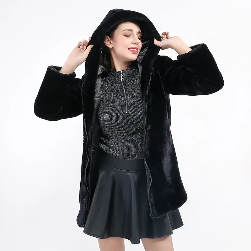 New Korean Style Waisted Black Imitation Fur Mink Fur Coat Rex Rabbit Fur Coat Coat Mid-length Women's Clothing