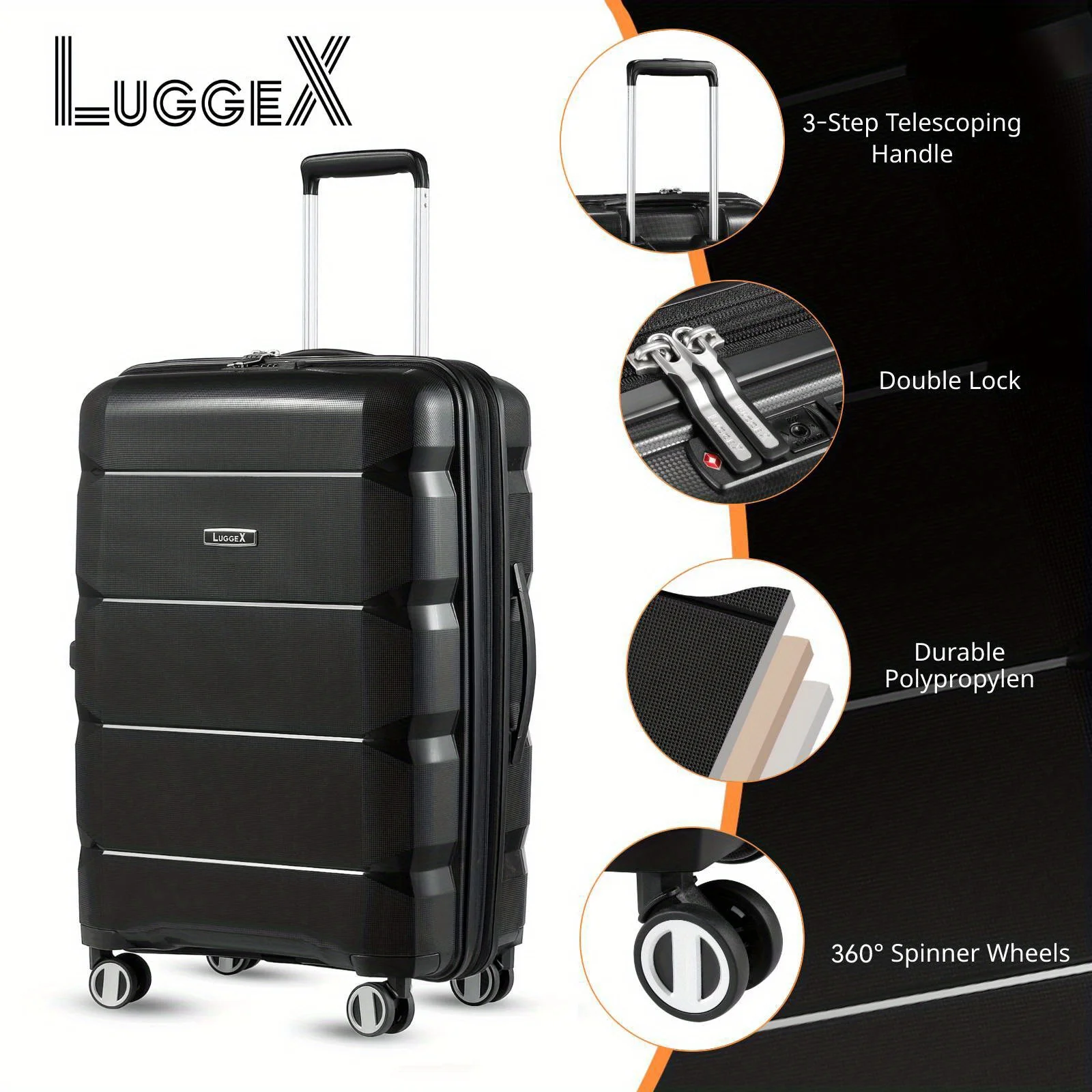 LUGGEX 24 Inch Luggage with Spinner Wheels - Polypropylene Lightweight Luggage Expandable - High Bounce, Ultra-light Elegance