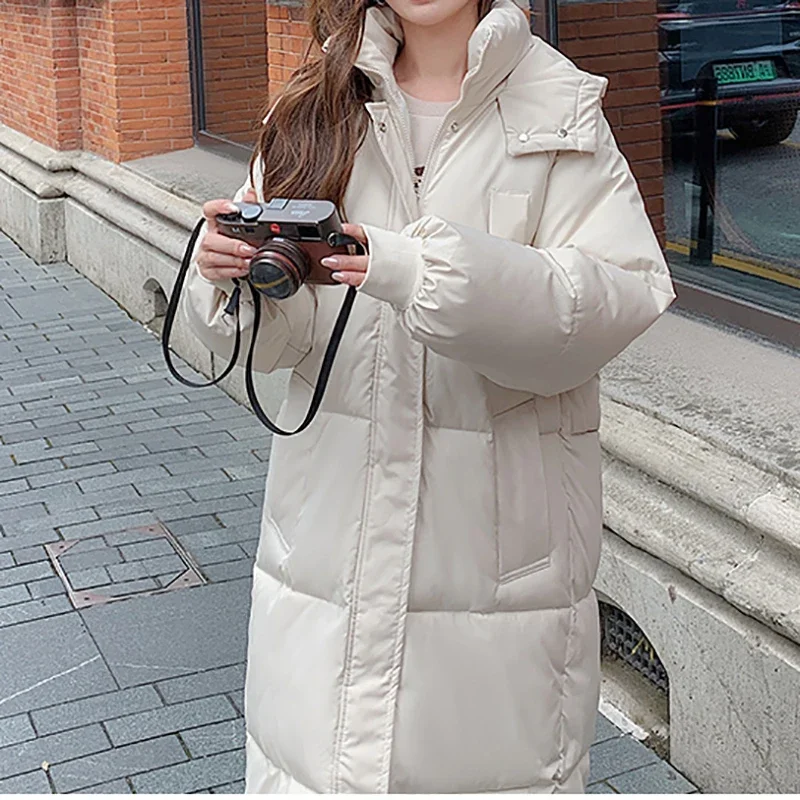 ITOOLIN Women Autumn Winter Button Pocket Casual Down Coat Thicken Cotton Warm Hooded Long Coat Long Sleeve Parkas Office Coat