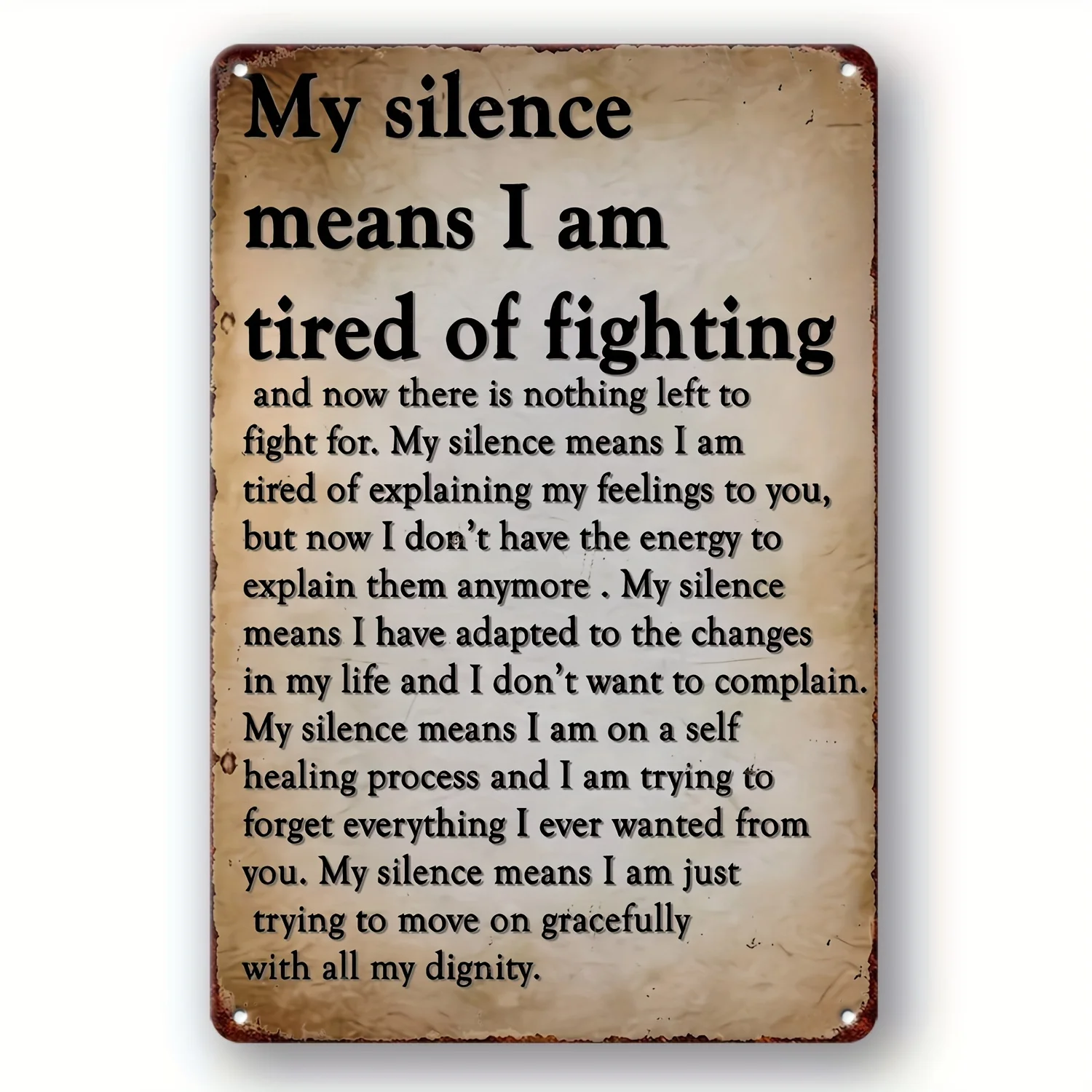 Waterproof Black Retro Metal Art Sign - Vintage 'My Silence Means I'm Tired of Fighting' for Bars, Cafes, Garages, and Man Caves