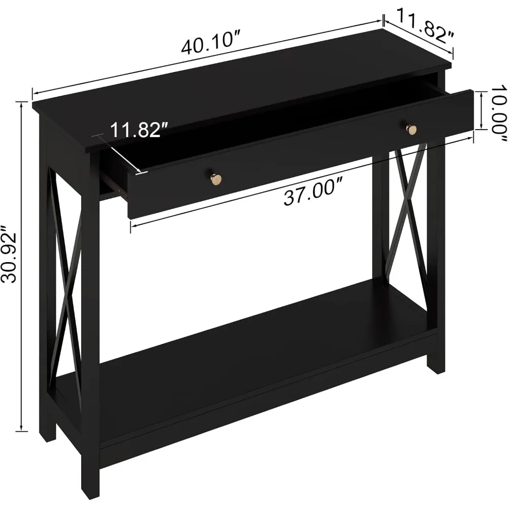 Black Console Table with Drawer and Storage Shelves, Foyer Sofa Table Narrow for Entryway, Living Room