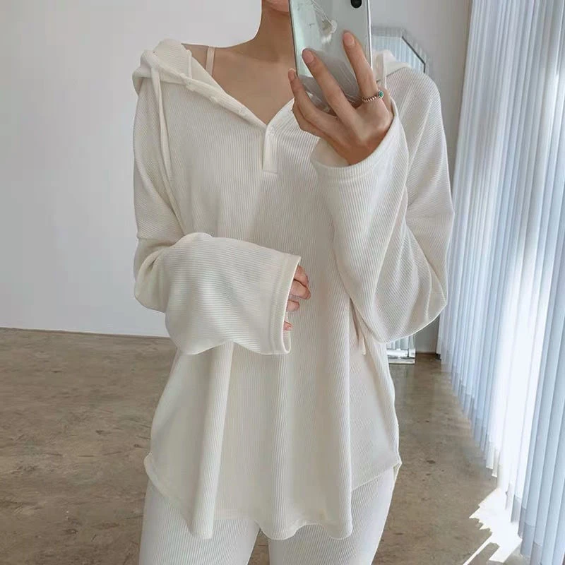 Waffle Tunic Single Breasted Hooded Oversized 2022 Thin Summer Fall Long Sleeve Women T Shirts Korean Fashion Harajuku White Top