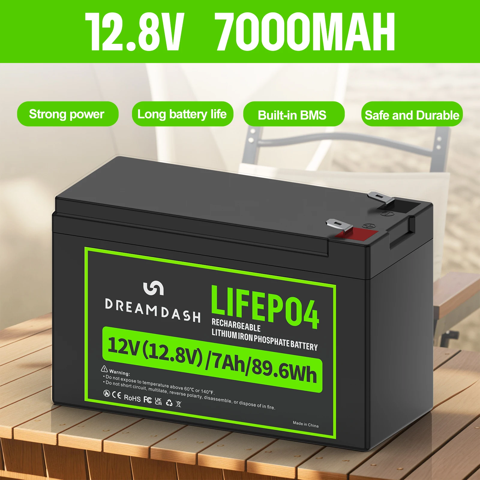 Dreamdash 12V 7Ah LiFePO4 Battery 89.6Wh Rechargeable Lithium Iron Phosphate Battery Built-in BMS F2 Terminal for Kids Ride On Car UPS Solar Gate Opener Emergency Light RV Golf Cart Ship from US UK PL