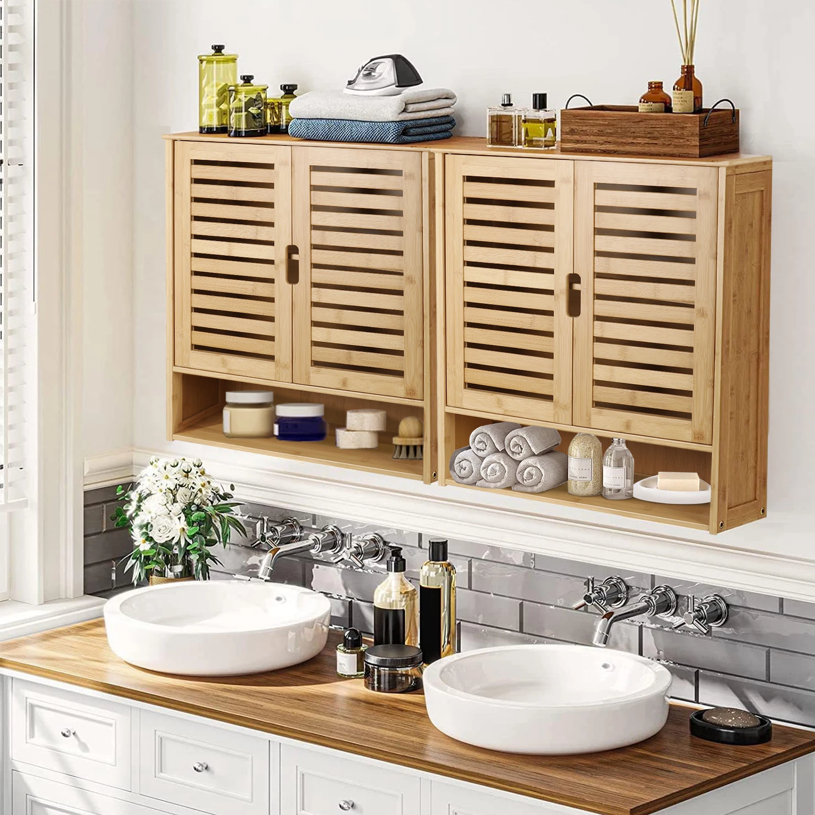 Adjustable Bathroom Cabinet Wall Mounted Over-The-Toilet Storage Organizer Space Saver Medicine Cabinet with 2 Door