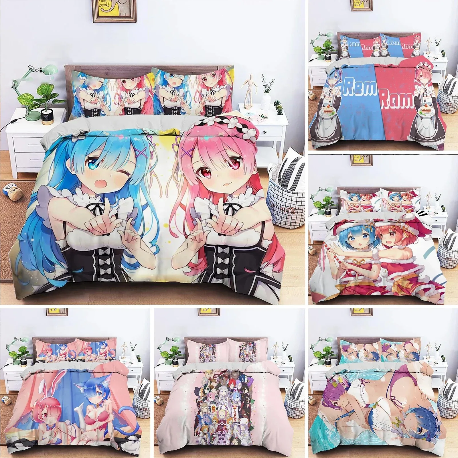 3D Printed Anime Re Zero Ram Rem Bedding Set Duvet Cover Bedroom Comforter Single Twin King Size Quilt Cover Home Textile