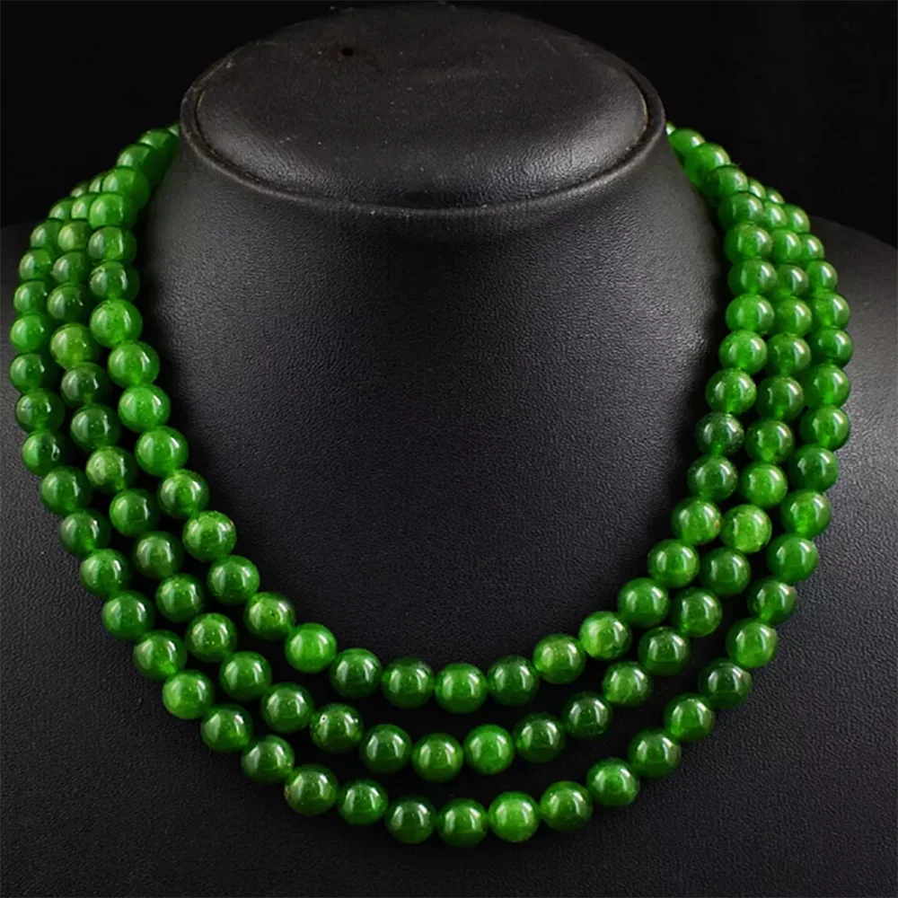 3 Strand 8mm Green Jade Round Shape Beads Necklace