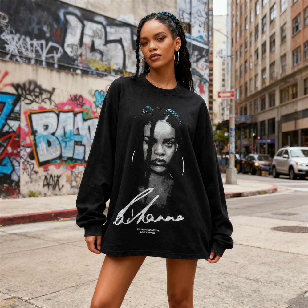 

KUCLUT RIHANNA Fashion Best Quality BIG FACE Printed Long Sleeves Tee Oversize Loose 100%Cotton Vintage T Shirt Men Woman