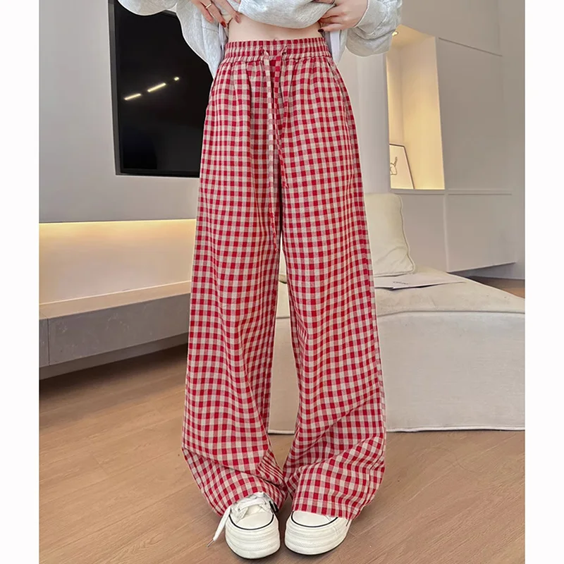 Women Chic Retro Plaid High Waist Pants Female High Waist Comfortable Long Pants Girls Classic Fashion Straight Leg Trousers
