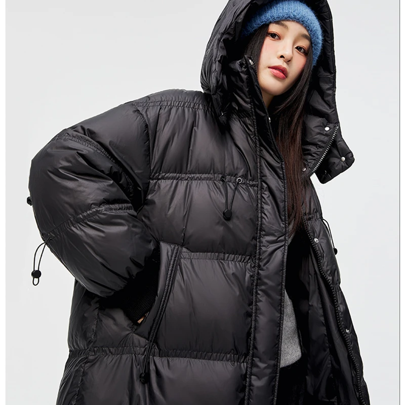 Women Black Long Down Clothes Windproof Warm Hooded Straight Coat Simplicity Baggy Comfortable Puffer Padded Outwear Tops Winter