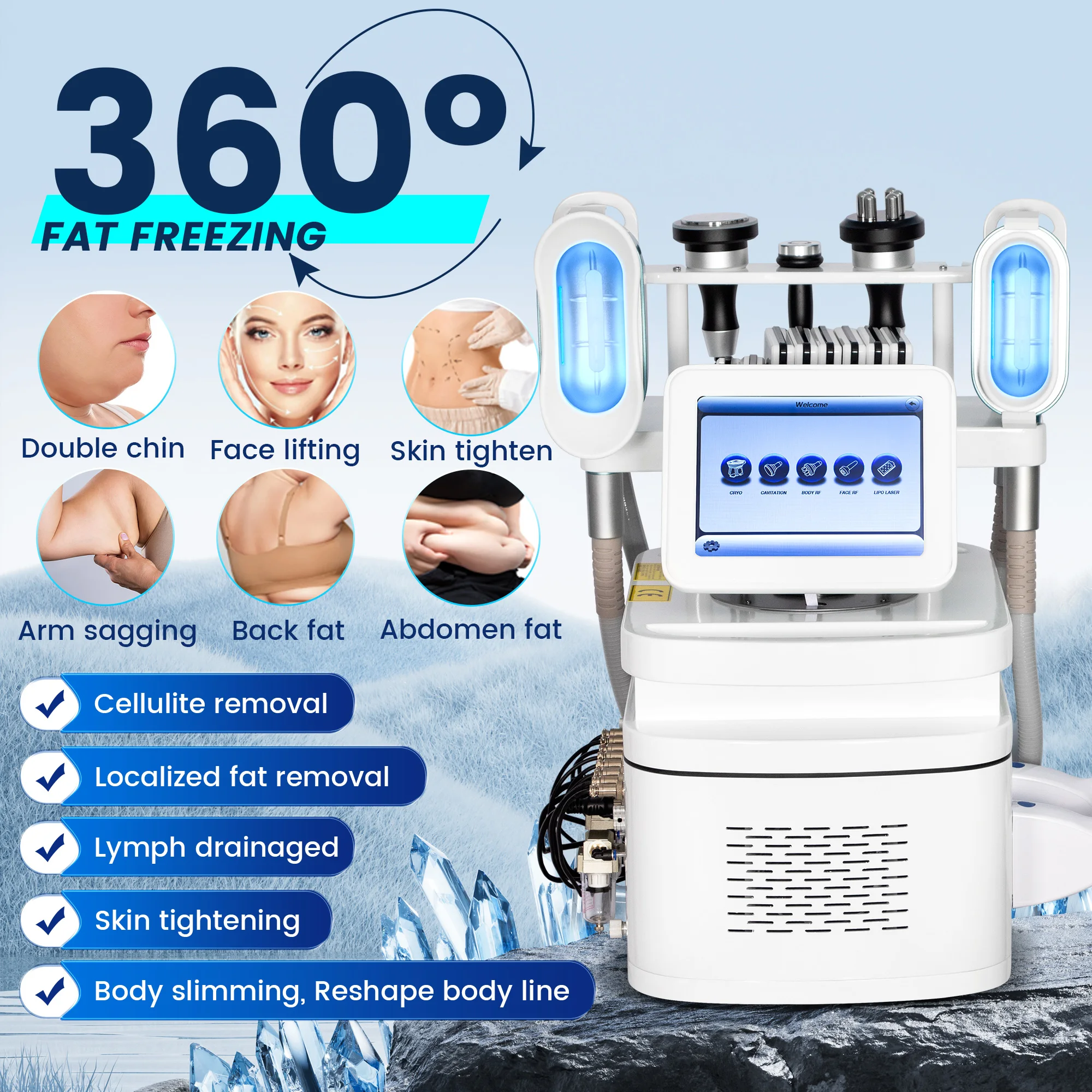 360° Cryolipolysis Fat Freezing 3 Cryo Liposome Laser 40K Cavitation RF Body Face Shaping Cellulite Removal Skin Tightening Tool