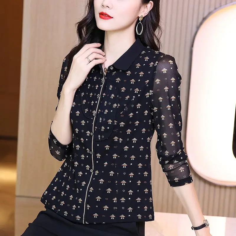 Women\'s Clothing Office Lady Simplicity Turn-down Collar Long Sleeve Printing Zipper Spring Summer Thin Fashion Loose Blouses