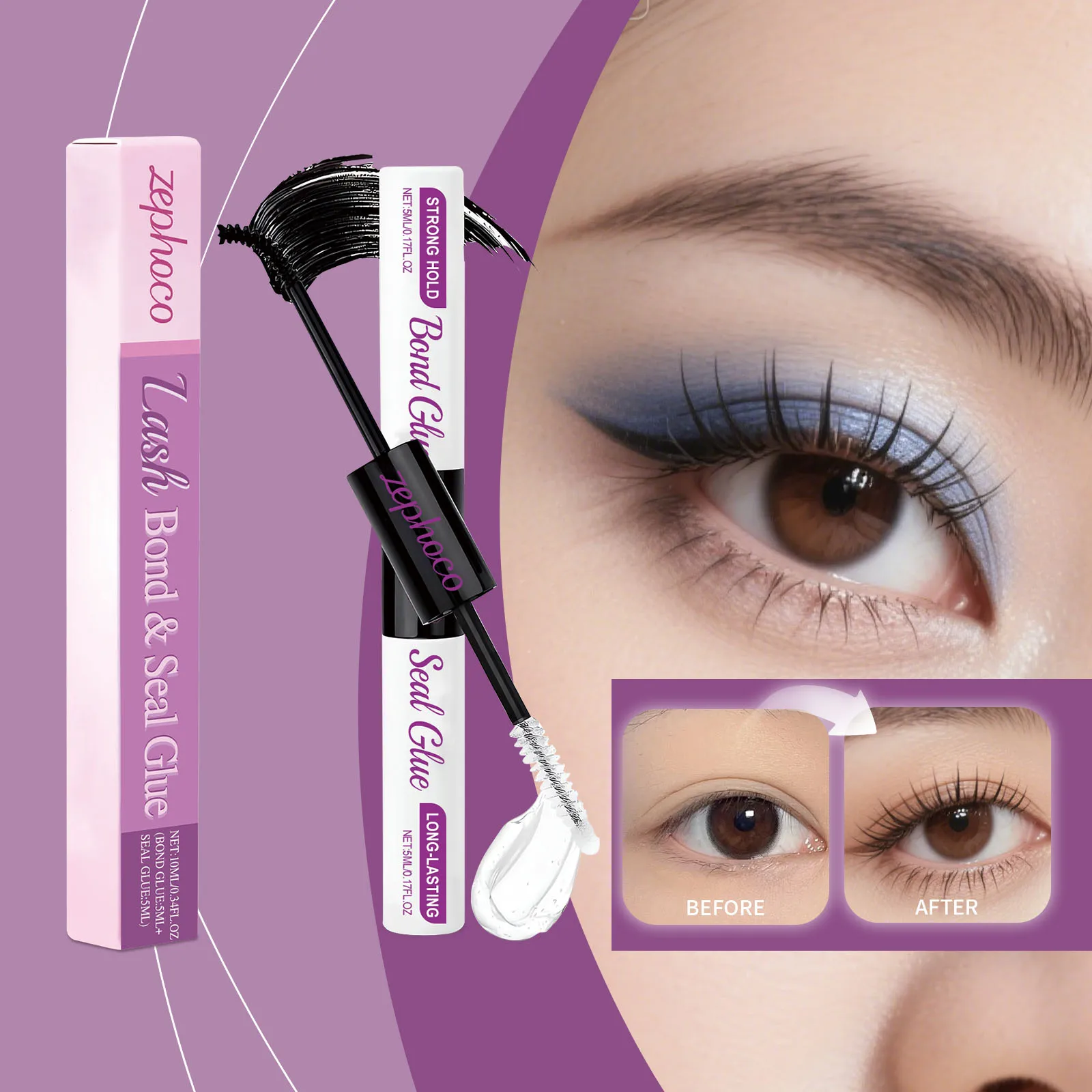 Zephoco Professional Eyelash Extension Glue Long Lasting Waterproof Mascara Adhesive for Cluster Eyelash Glue for Sensitive Eyes