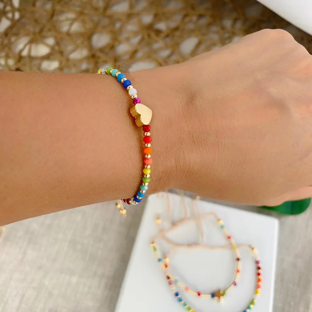 Rice bead bracelet Crystal Rainbow Gradient color heart Bohemia Adjustable Hand weaving Star Female Fashion  Beaded bracelet
