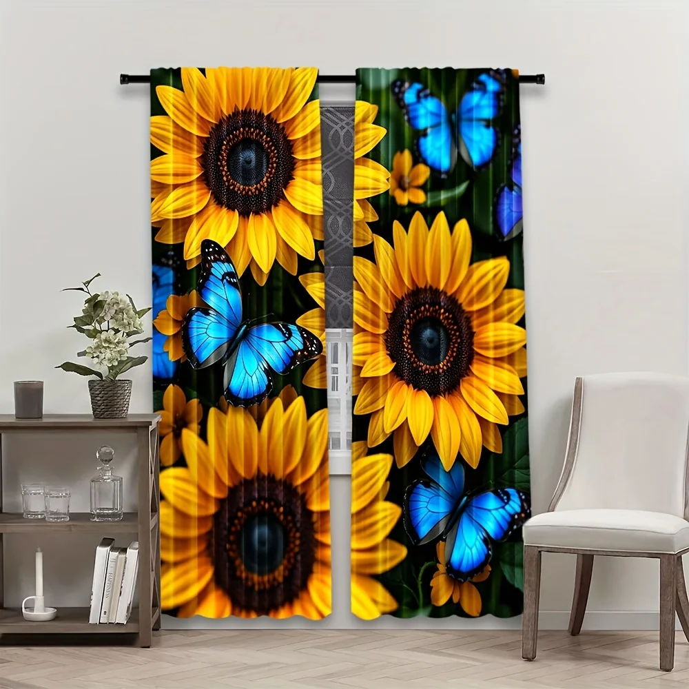 2pcs Artistic Blue & Yellow Butterfly Sunflower Print Curtains - 100% Polyester Light Filtering Semi-Sheer Rod Pocket Design
